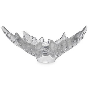 Lalique Crystal "Champs-Elysees" Bowl: DESCRIPTION: A large Lalique crystal "Champs Elysee" center bowl composed of clear and frosted foundation, in a double oak leaf motif engraved along the underside "R. Lalique France" Dated: