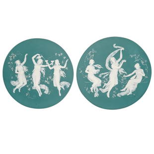 Pair of 19th Cent. Mettlach Porcelain "Three Graces" Chargers: DESCRIPTION: A pair of 19th cent. jasperware / stoneware chargers depicting Neoclassical scenes of the three Graces over a teal ground, impressed along the back "Mettlach VB GES. GESCH 7053". CIRCA: 1