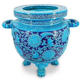 Large Antique Minton Blue Footed jardiniere/Planter: DESCRIPTION: An antique large Minton porcelain jardiniere or planter with round form, tapered neck, double open-ring handles, and chinoiserie scrolling floral motifs throughout. Impressed underglaze: