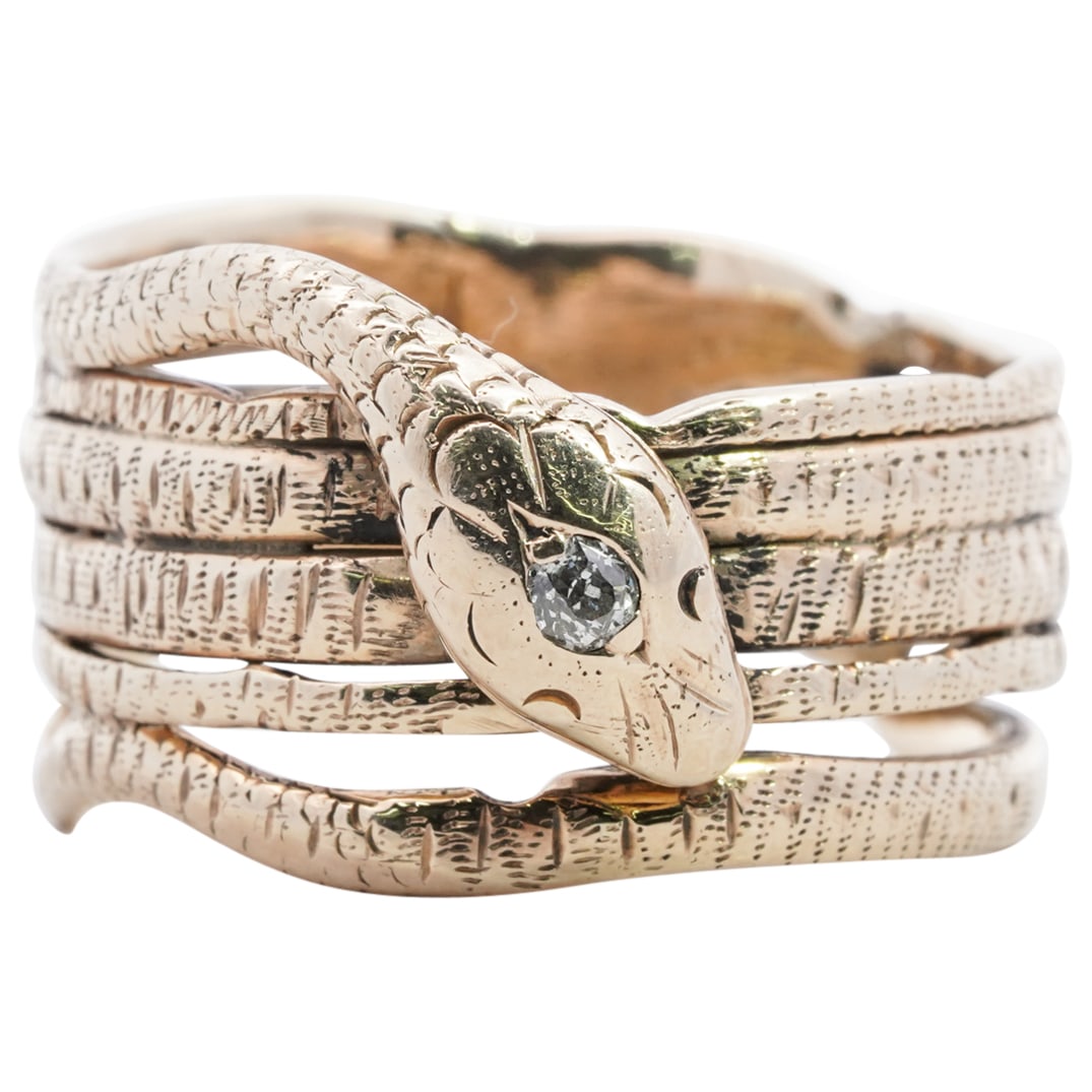 Victorian Revival 14k Gold and Diamond Coiled Snake Ring (1 of 5)