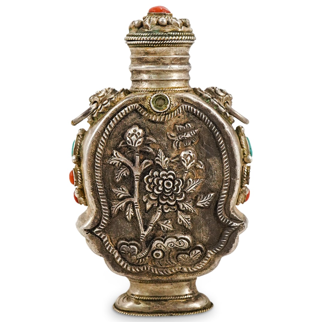 Antique Mongolian Floral Silver, Coral, & Turquoise Snuff Bottle (1 of 5)