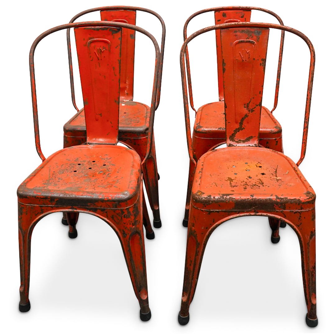 (4Pc) Vintage Industrial Steel Chairs: DESCRIPTION: (4Pc) Vintage Industrial steel chairs with red enamel paints. CIRCA: 20th Cent. ORIGIN: USA DIMENSIONS: H: 34" x L: 16" x W: 15" CONDITION: Wear to finishes with oxidation. Unless otherwi