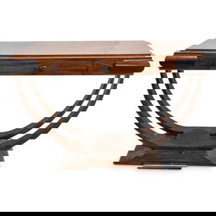 Art Deco Console Table: DESCRIPTION: Art Deco wood carved console table featuring ebonized accents, center pull-out drawer, and curved side supporting ribs. CIRCA: Early 20th Cent. ORIGIN: Continental DIMENSIONS: H: 33.5" x