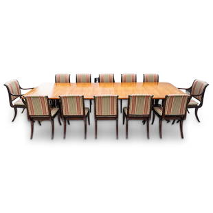 (13 Pc) Baker Furniture Dining Table & Chairs: DESCRIPTION: 13 piece dining table set by Baker Furniture composed of the following items, each marked with plaque at underside: (1) Baker Collector's Edition wooden dining table featuring casters and