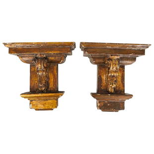 Ex Julien's Osbourne Estate Giltwood Wall Bracket Shelves: DESCRIPTION: Two matching giltwood wall bracket shelved, each featuring a foliage design in relief on its front and molded cornices. Provenance: Estate of Ozzie Osbourne Sold at Julien's Auctions "The