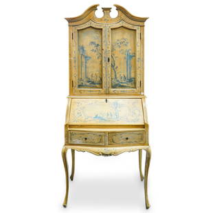 Antique French Provincial Butterscotch Wood Secretary: DESCRIPTION: Antique wood secretary coated in a butterscotch tone decorated with floral motifs and scenes of wanderers frequenting ruins. Piece is composed of a top (featuring two doors concealing