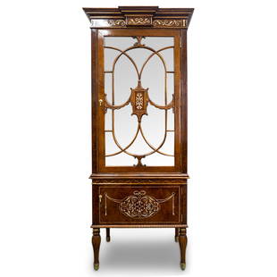 Jonathan Charles Wildwood Burr & Mother Of Pearl Display Cabinet: DESCRIPTION: Display cabinet by Jonathan Charles composed of two components: one glass display case proper with electrical lighting components and one four legged base featuring a compartment behind