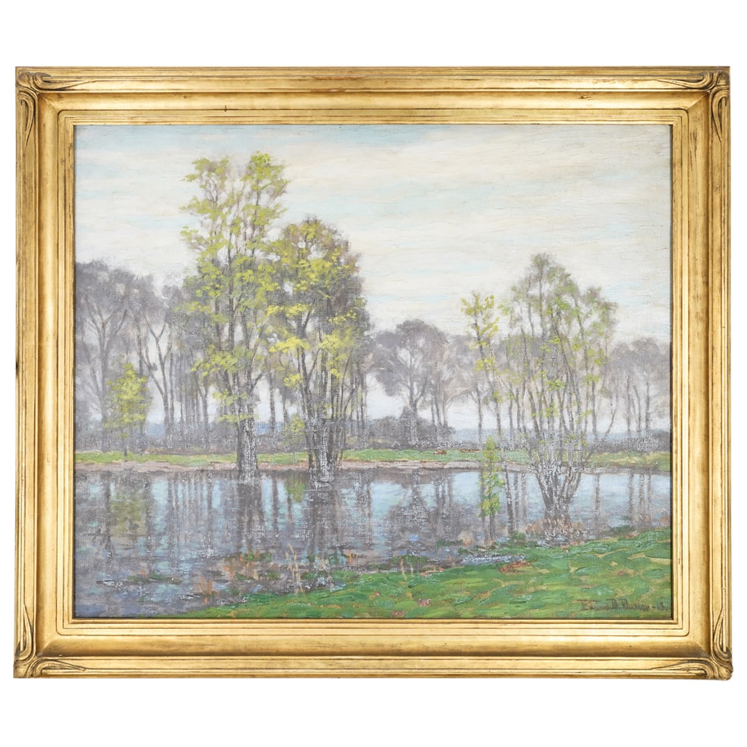 Edward Burgess Butler (American 1853-1928) Oil Painting: DESCRIPTION: An antique oil on canvas landscape painting depicting a wetland executed in rich greens and blues. Signed lower right and mounted in gilt carved frame. Label at verso: "Chicago Artists, S