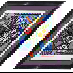 Romero Britto (B. 1963) Bouquet Still Life Lithograph: DESCRIPTION: Lithograph by Romero Britto depicting a still life of a bouquet in a vase. Signed at lower left, marked HC (hors d'commerce) and numbered 12 of 25 at lower right. Impressed with Britto's