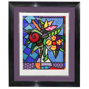 Romero Britto (B. 1963) Bouquet Still Life Lithograph: DESCRIPTION: Lithograph by Romero Britto depicting a still life of a bouquet in a vase. Signed at lower left, marked HC (hors d'commerce) and numbered 12 of 25 at lower right. Impressed with Britto's