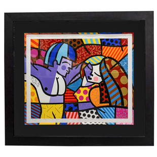 Romero Britto (Brazilian, B. 1963) "First Love" Serigraph: DESCRIPTION: Serigraph on paper by Romero Britto (Brazilian, b. 1963) entitled "First Love". Pencil signed twice, pencil dated "1996" and inscribed "To Robin - wishing you enjoy for life time" at bott