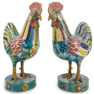 Pair Of Antique Chinese Polychrome Cloisonne Roosters: DESCRIPTION: Two matching antique cloisonne chickens, each featuring polychrome feather patterns. Each cock is mounted on a cloisonne base decorated with lotus and foliage designs. CIRCA: 19th to earl