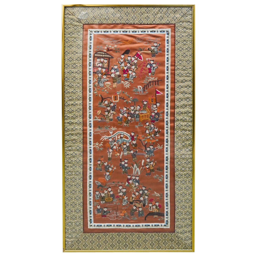 Chinese Forbidden Stitch Silk Embroidery: DESCRIPTION: A Chinese forbidden stitch silk embroidery depicting 100 children at play with intricate floral bordering, mounted in gold toned frame. CIRCA: 20th Cent. Possibly older. ORIGIN: China DIM