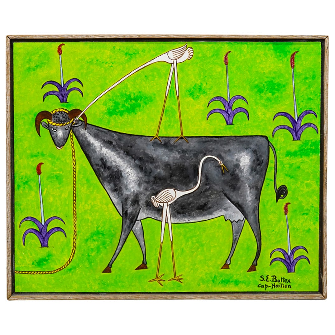 Seymour Etienne Bottex (Haitian, 1922-2016) Oil on Board Painting: DESCRIPTION: Seymour Etienne Bottex (Haitian) oil on masonite panel titled "Le Vache Noire". Signed: "S.E.Bottex Cap-Haitien" (lower right) mounted in floating frame. CIRCA: 20th Cent. ORIGIN: Haiti D