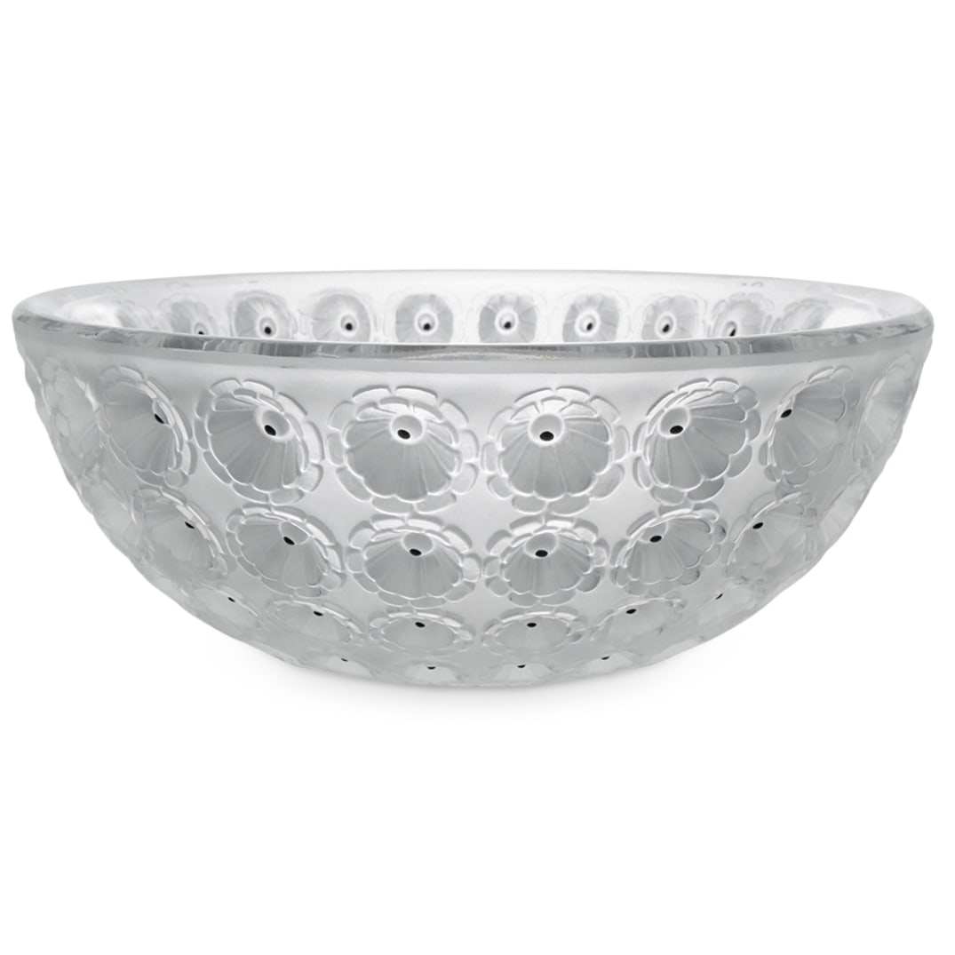 R. Lalique Crystal "Nemours" Bowl: DESCRIPTION: R. Lalique crystal "Nemours" bowl with round form and frosted exterior. Incised signature at underside: "R. Lalique, France" CIRCA: 20th Cent. ORIGIN: France DIMENSIONS: H: 4" x D: 10" CO