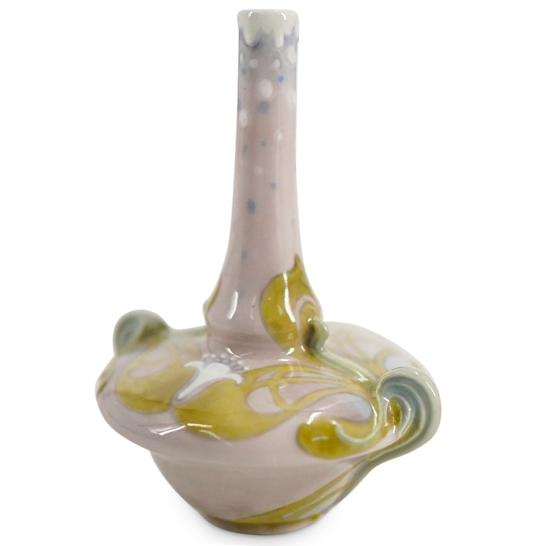 Art Nouveau Porcelain Bud Vase In Manner Of Maurice Dufrene: DESCRIPTION: Art Nouveau porcelain bud vase crafted in a bulbous form with a long neck and decorated with floral and foliage motifs and designs. CIRCA: Late 19th to early 20th Century ORIGIN: France D