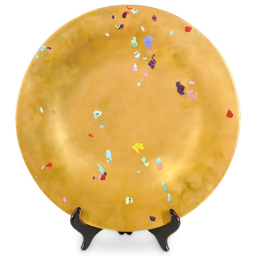Tony Evans (b. 1964, UK) Porcelain Wall Charger: DESCRIPTION: Tony Evans (b. 1964, UK) Porcelain wall charger with round form designed with gold leaf finish and terrazzo speckled colorations. Signed at verso. CIRCA: 20th Cent. ORIGIN: USA DIMENSIONS