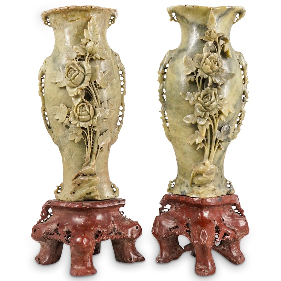 Pair Of Antique Chinese Soapstone Vases W/ Pedestals Auction