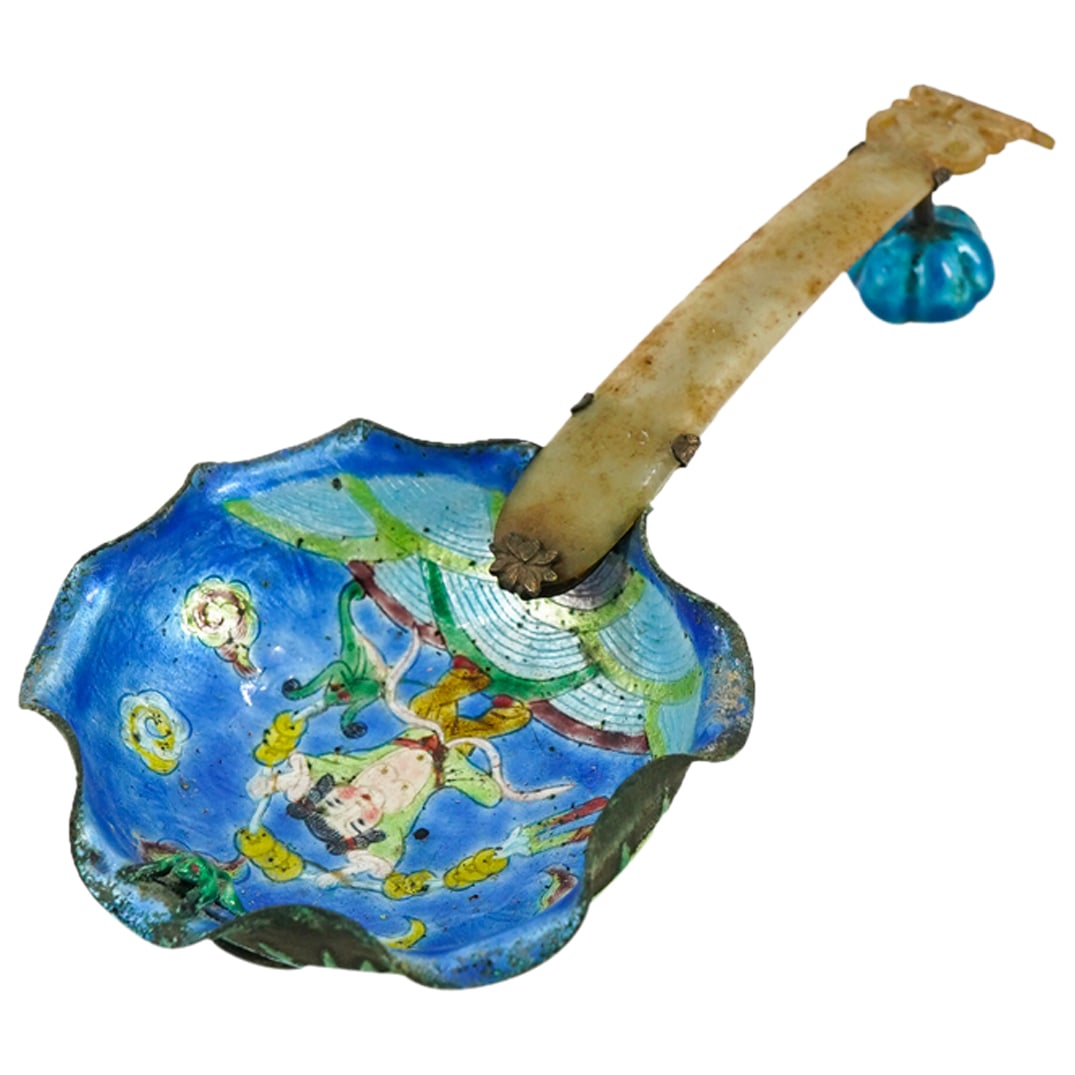 Chinese Enameled Water Server w. Carved Jade Handle (1 of 6)