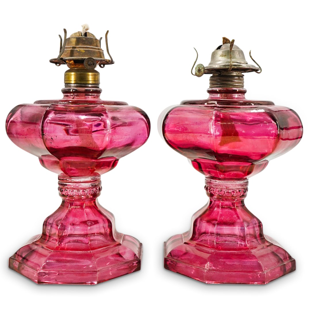 Pair Of Glass Hurricane Oil Lamps (1 of 4)