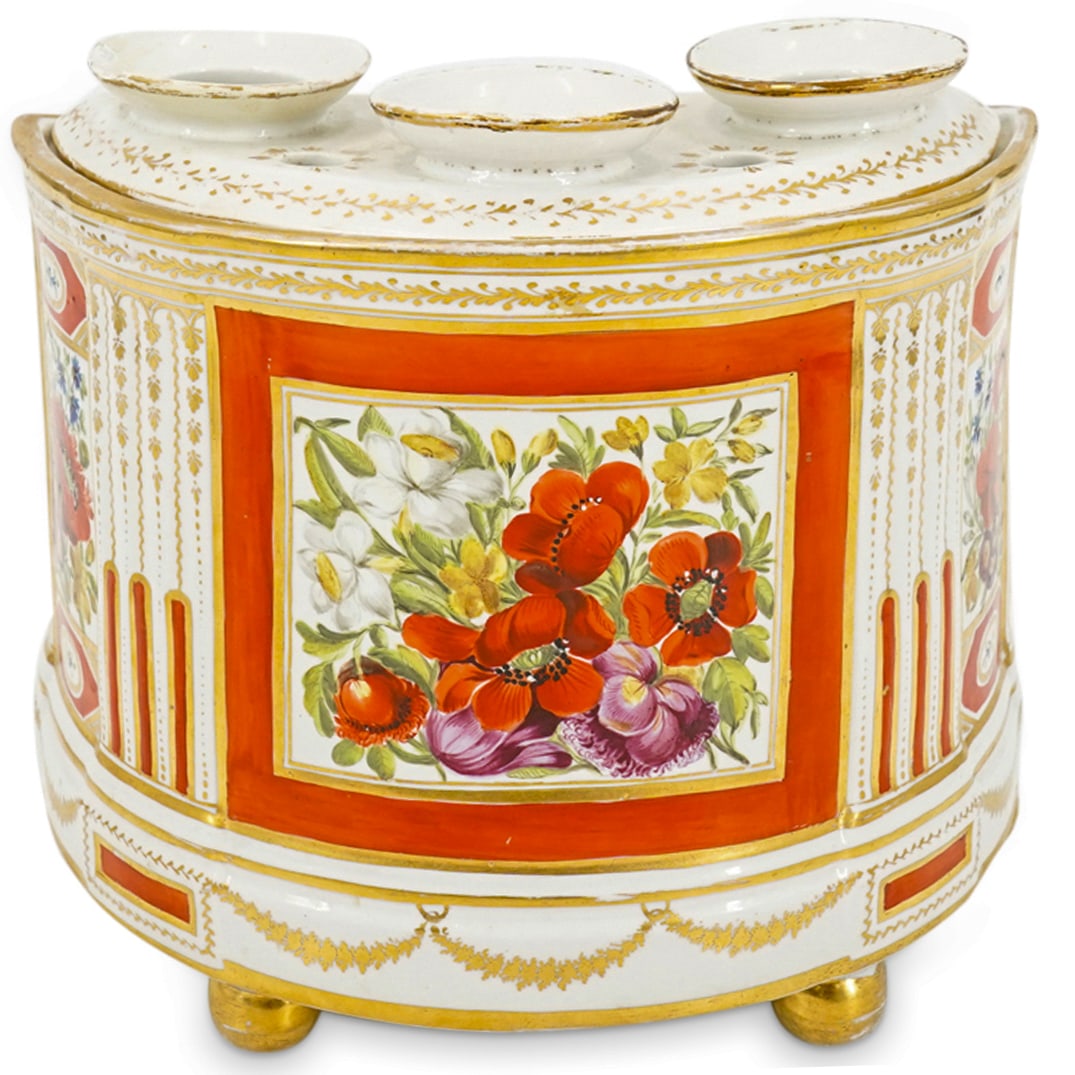 Antique European Hand Painted Porcelain Bough Pot: DESCRIPTION: Antique European porcelain bough pot featuring three larger holes, four smaller holes and three hand-painted floral reserves. Completed with gilt foliage motifs and further gilt and ename