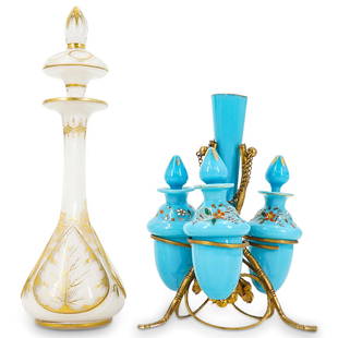 (5 Pc) Antique French Opaline & Crystal Items: DESCRIPTION: Five antique French items: (4 Pc) Opaline glass set composed of three perfume bottles and gilt mixed metal holder with floral motifs and attached opaline glass bud vase. Perfume bottles c