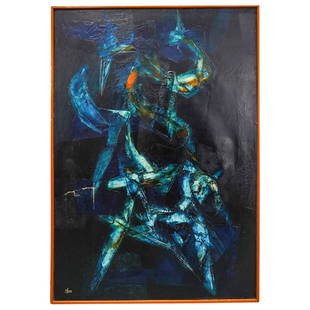 Theo Constante (Ecuador 1934 - 2014) Abstract Painting: DESCRIPTION: Theo Constante (Ecuador 1934 - 2014) abstract painting executed in dark hues with a center dark blue abstract form. Signed along the bottom left "Theo" and completed in an orange frame. C