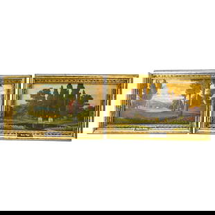 (2 Pc) Victorian Memento Mori Oil On Canvas Paintings: DESCRIPTION: Two matching memento mori oil on canvas paintings: one entitled "Elysian Fields" depicting rolling knolls accented with trees, one entitled "River Styx" depicting a body of water across w