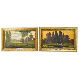 (2 Pc) Victorian Memento Mori Oil On Canvas Paintings: DESCRIPTION: Two matching memento mori oil on canvas paintings: one entitled "Elysian Fields" depicting rolling knolls accented with trees, one entitled "River Styx" depicting a body of water across w