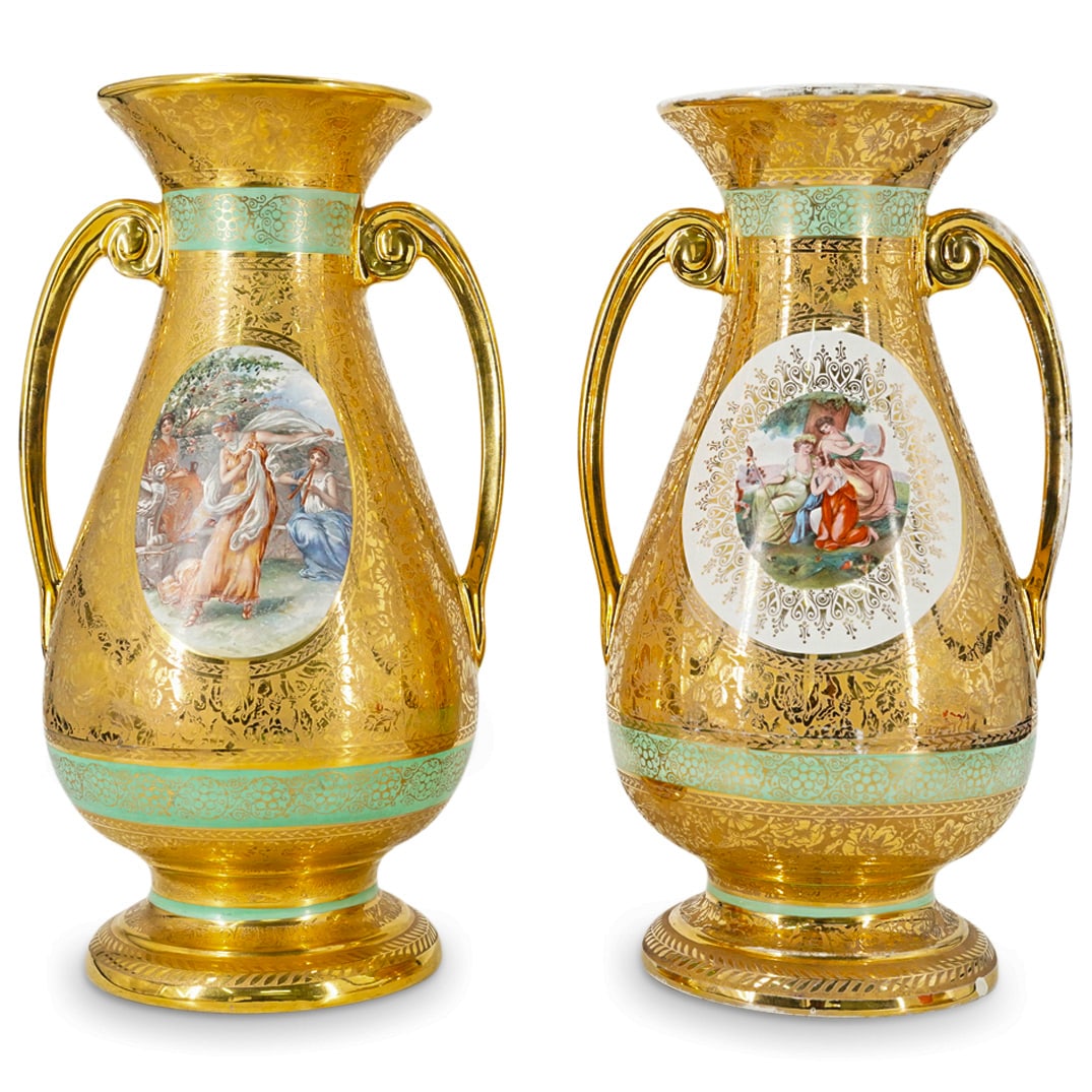 Pair Le Mieux Gilt Porcelain Vases: DESCRIPTION: Pair of Le Mieux porcelain vases, each featuring neoclassical scene and gilt floral and foliage motifs. Each marked on underside. CIRCA: 20th Century ORIGIN: Western DIMENSIONS: H: 13.75"