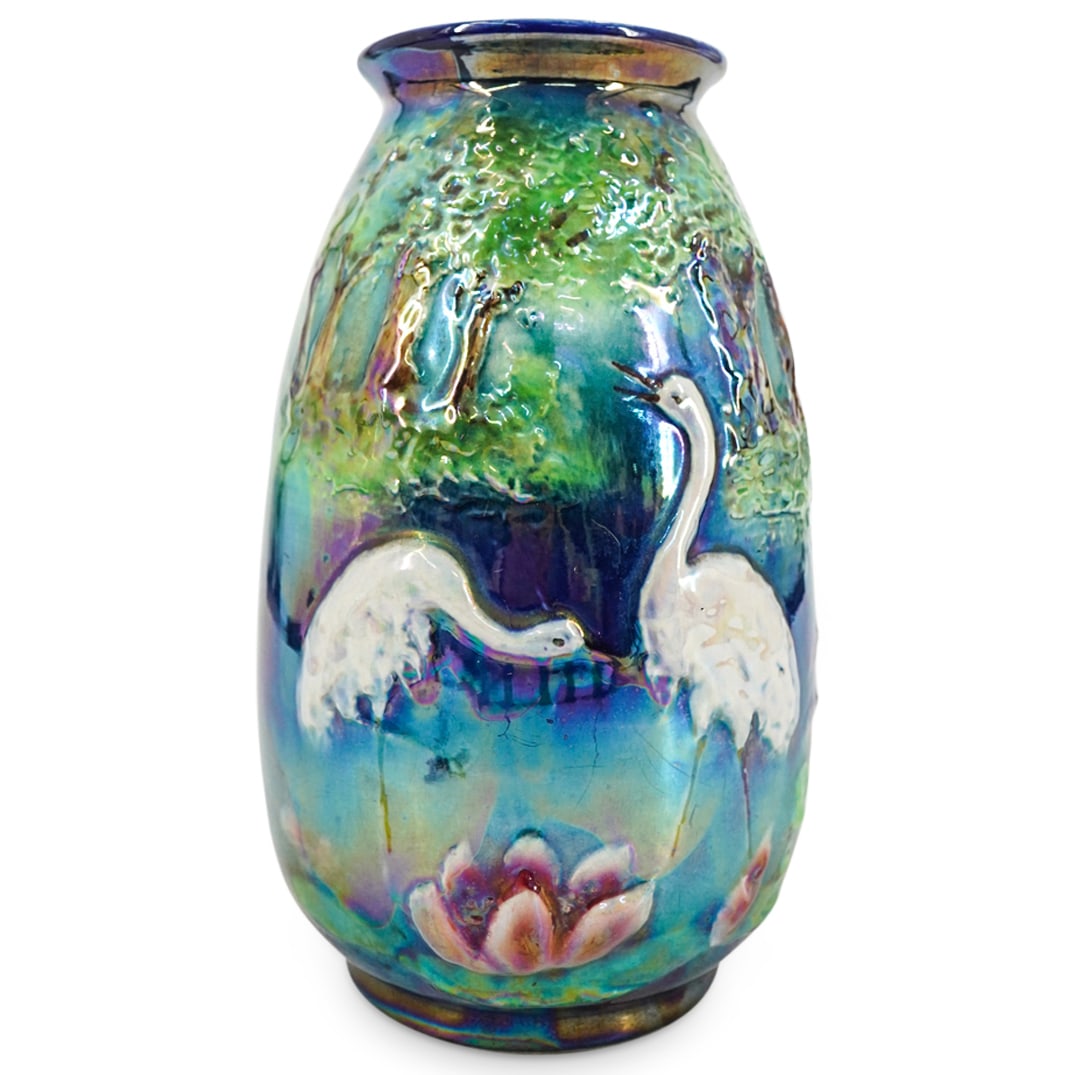 Antique English Porcelain Iridescent Vase: DESCRIPTION: An antique porcelain vase decorated with crane birds among a forest setting, and completed with an iridescent finish. Stamped "Made In England". CIRCA: Early-Mid 20th Cent. ORIGIN: Englan