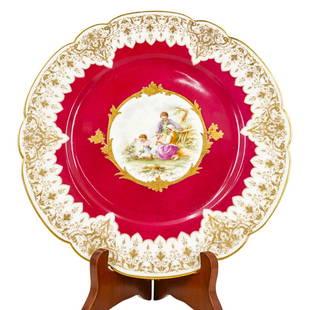 19th Century Sevres Porcelain Musicians Plate: DESCRIPTION: Antique Sevres porcelain plate fashioned for King Louis Philippe of France for the Chateau St. Cloud featuring a central, pastoral image of two musicians and a child with a lamb framed in