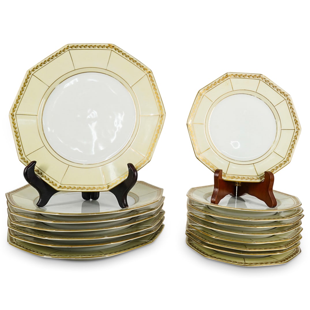 (16 Pc) Antique Bavarian Tirschenreuth Porcelain Plates: DESCRIPTION: Sixteen antique Bavarian Tirschenreuth porcelain plates - seven luncheon plates, 9 dessert plates - each featuring a decagonal design decorated on the rim with gilt foliage and finished w
