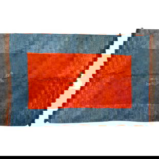 Antique Tibetan Wool Camel Rug: DESCRIPTION: Antique Tsuktruk rug woven from wool in shades of blue and red decorated with a central camel motif and finished with brown tassels. CIRCA: 20th Century ORIGIN: Tibet DIMENSIONS: H: 0.75"