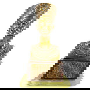 Mixed Metal Nefertiti Bust: DESCRIPTION: Antique Egyptian-style mixed metal bust depicting Nefertiti. Atop a wooden plinth (itself affixed to an onyx base) with mixed metal plaque reading "Nefertiti" and decorated with pseudo-hi