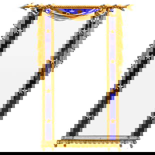 Carol Canner Carvers Guild Gilt Star Laden Wall Mirror: DESCRIPTION: Carvers guild wall mirror by Carol Canner featuring a mirror proper bordered by blue shaded columns adorned with star applications. Finished around the frame with curtain, tassel, and flo