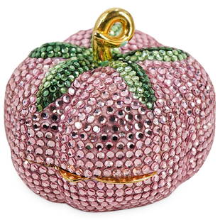 Judith Leiber Pumpkin Pill Box: DESCRIPTION: Judith Leiber pumpkin pill box with bejeweled exterior and gilt interior. Marked: "Judith Leiber" CIRCA: 20th Cent. ORIGIN: Continental DIMENSIONS: H: 2" x D: 2.5" CONDITION: Great