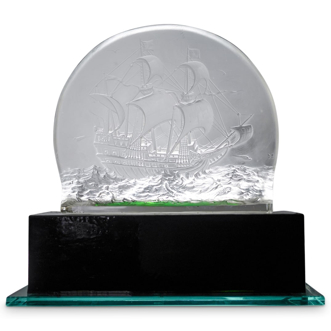 Heinrich Hoffmann (1875-1938) Large Frosted Glass Ship Relief on Luminaire: DESCRIPTION: Heinrich Hoffmann (1875-1938) Large frosted glass relief depicting a ship at sea with mythological sirens and dolphin details. Incised signature: "H. Hoffmann" & "Made In Czechoslovakia"