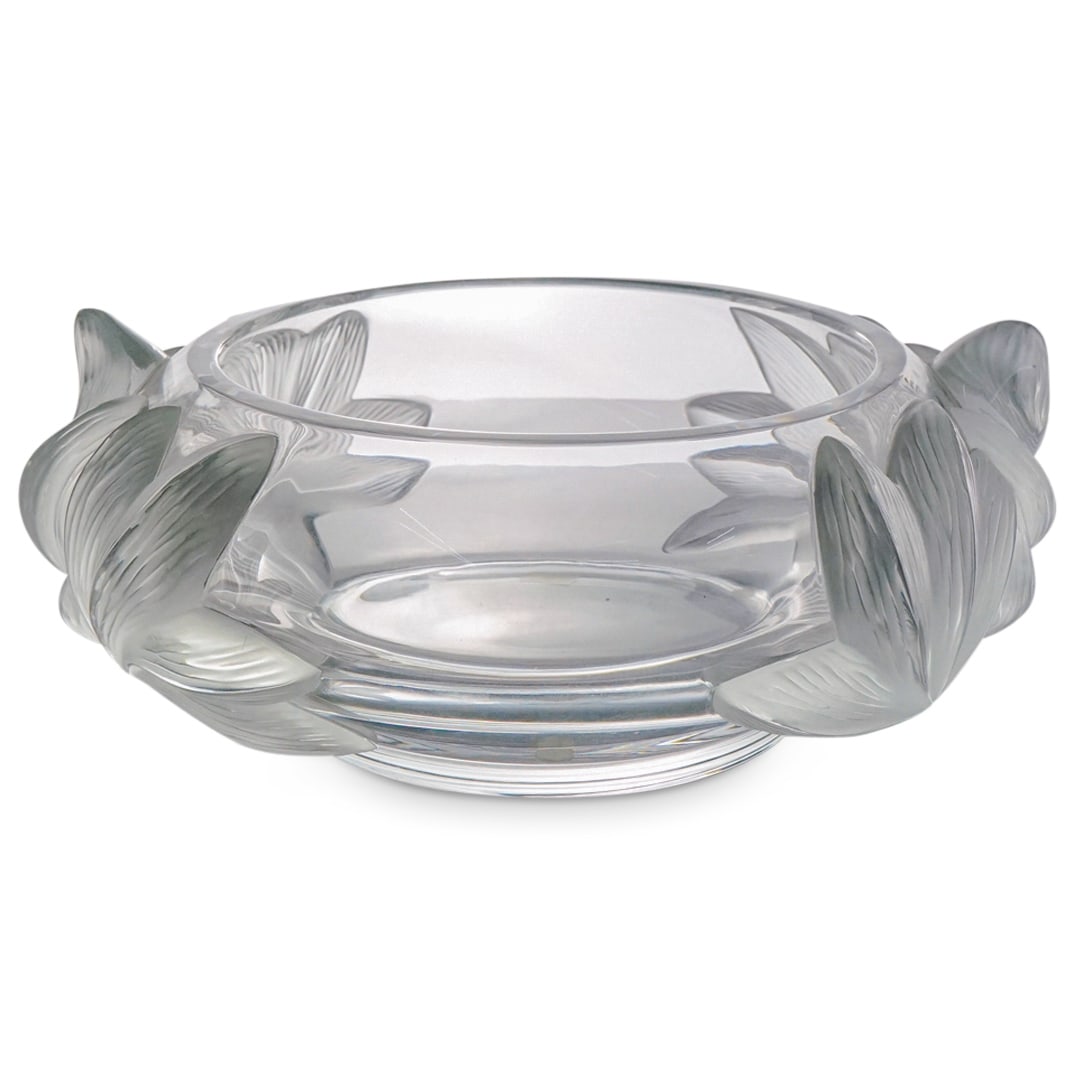 Lalique Crystal "Pivoine" Centerpiece Bowl: DESCRIPTION: Lalique frosted and clear crystal "Pivoine" ("Peony") centerpiece bowl featuring floral motifs. Marked with "Lalique France" on underside. "Made in France" sticker adhered to underside. C