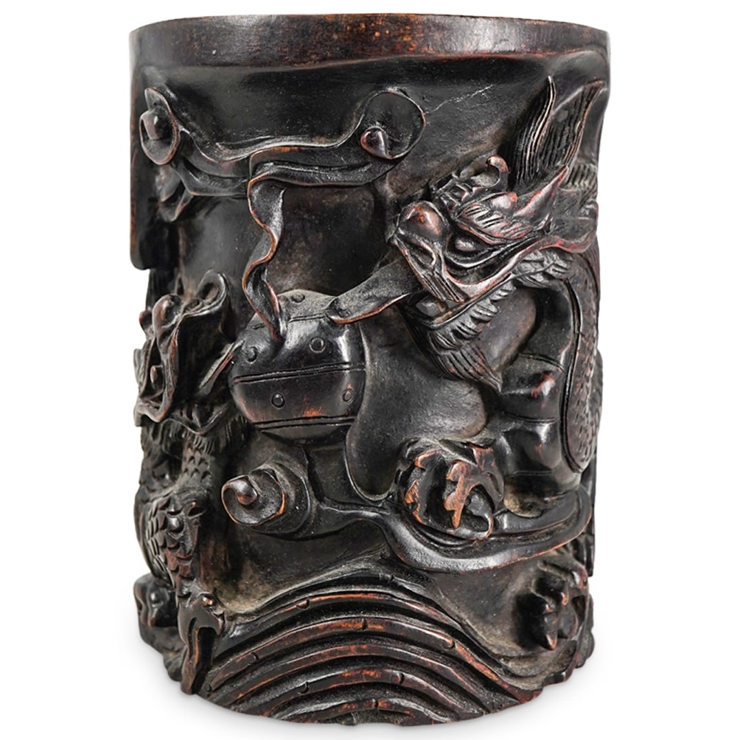 Antique Chinese Carved Wood Dragon Relief Brush Pot (1 of 7)