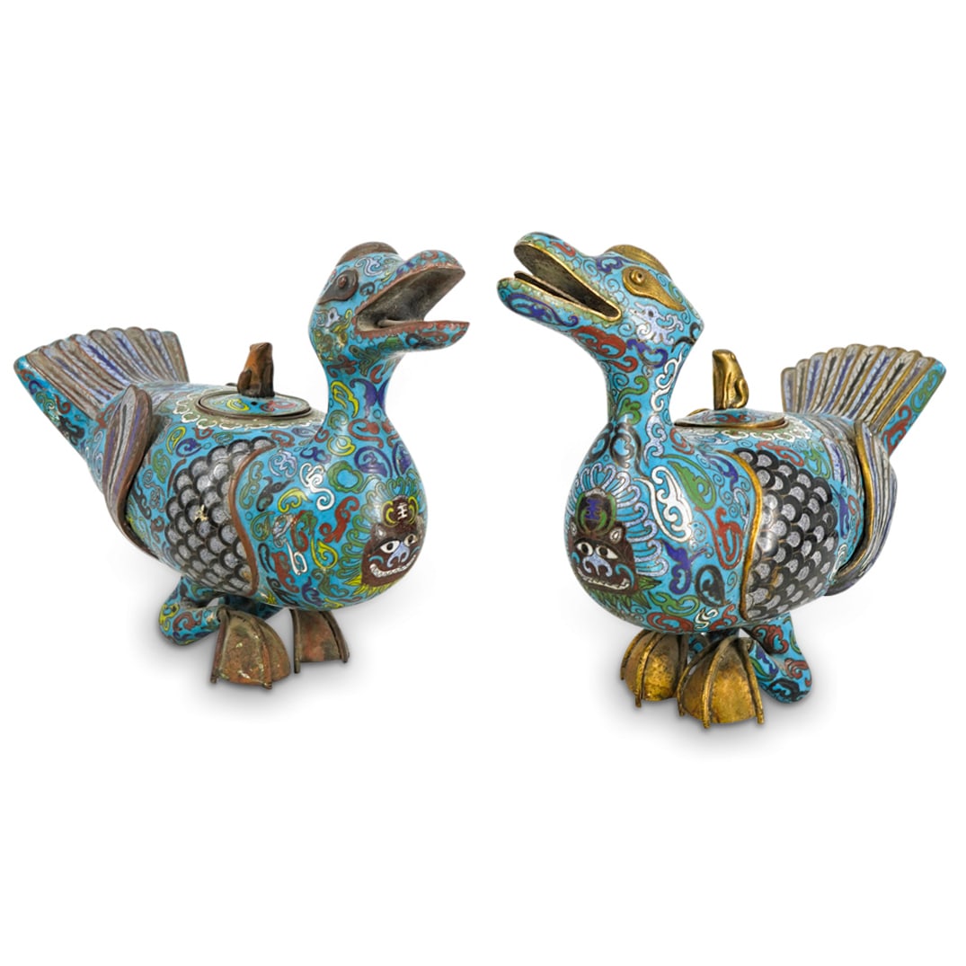 Pair Of Antique Chinese Cloisonne Duck Vessels W/ Frog Finials (1 of 8)