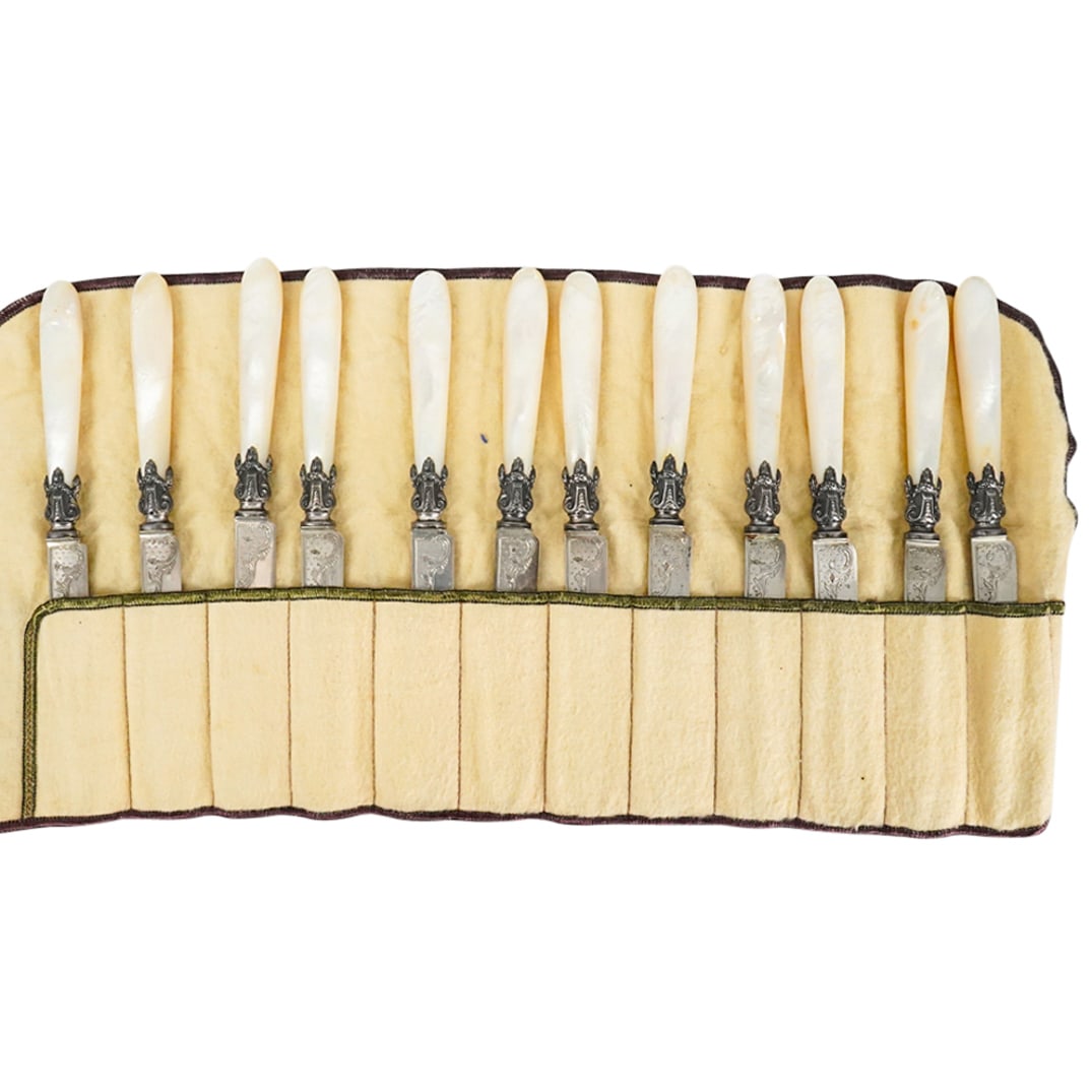 (12 Pc) 19th Cent. French 950 silver and Mother of Pearl Fish Knives (1 of 7)