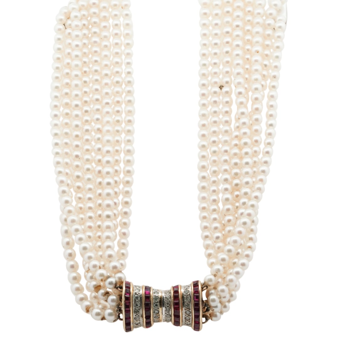 Vintage 14k Gold, Diamond and Ruby Multi Stranded Pearl Necklace (1 of 5)