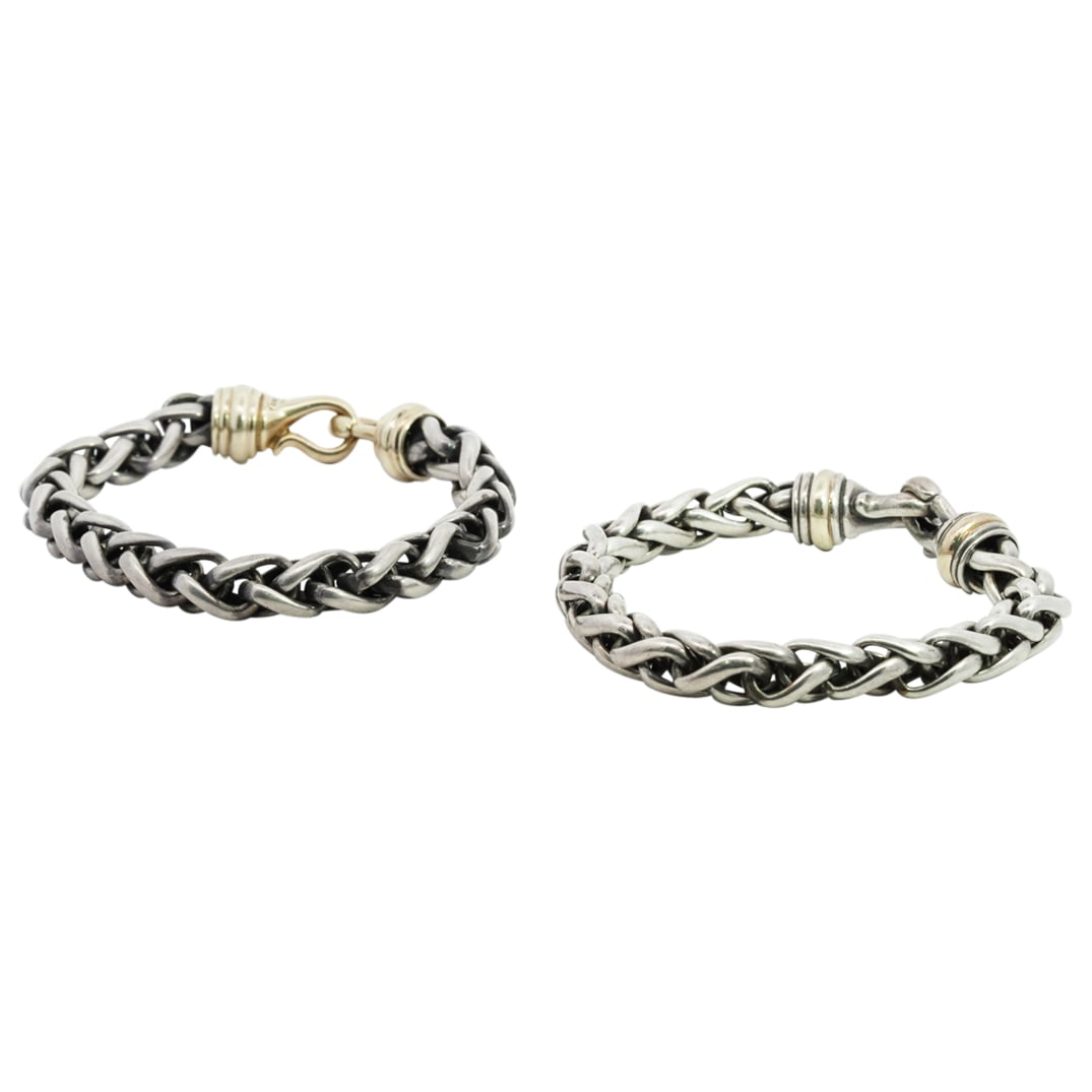 (2 Pc) David Yurman 14k Gold and Sterling Silver Chain Link Bracelets: DESCRIPTION: Two David Yurman bracelets comprised of a sterling silver chain link body, completed with 14k yellow gold terminals and set with lobster hook clasps. Stamped "925" and "585". Total Weight
