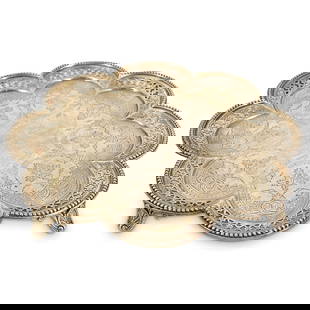 Victorian Walter & John Barnard Sterling Octofoil Salver: DESCRIPTION: Antique Victorian sterling silver salver by Walter & John Barnard, possibly after Paul de Lamerie, featuring eight-lobed form, three scrolled feet, openwork, and chased floral and foliage