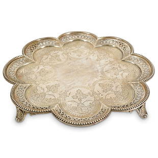 Victorian Walter & John Barnard Sterling Octofoil Salver: DESCRIPTION: Antique Victorian sterling silver salver by Walter & John Barnard, possibly after Paul de Lamerie, featuring eight-lobed form, three scrolled feet, openwork, and chased floral and foliage