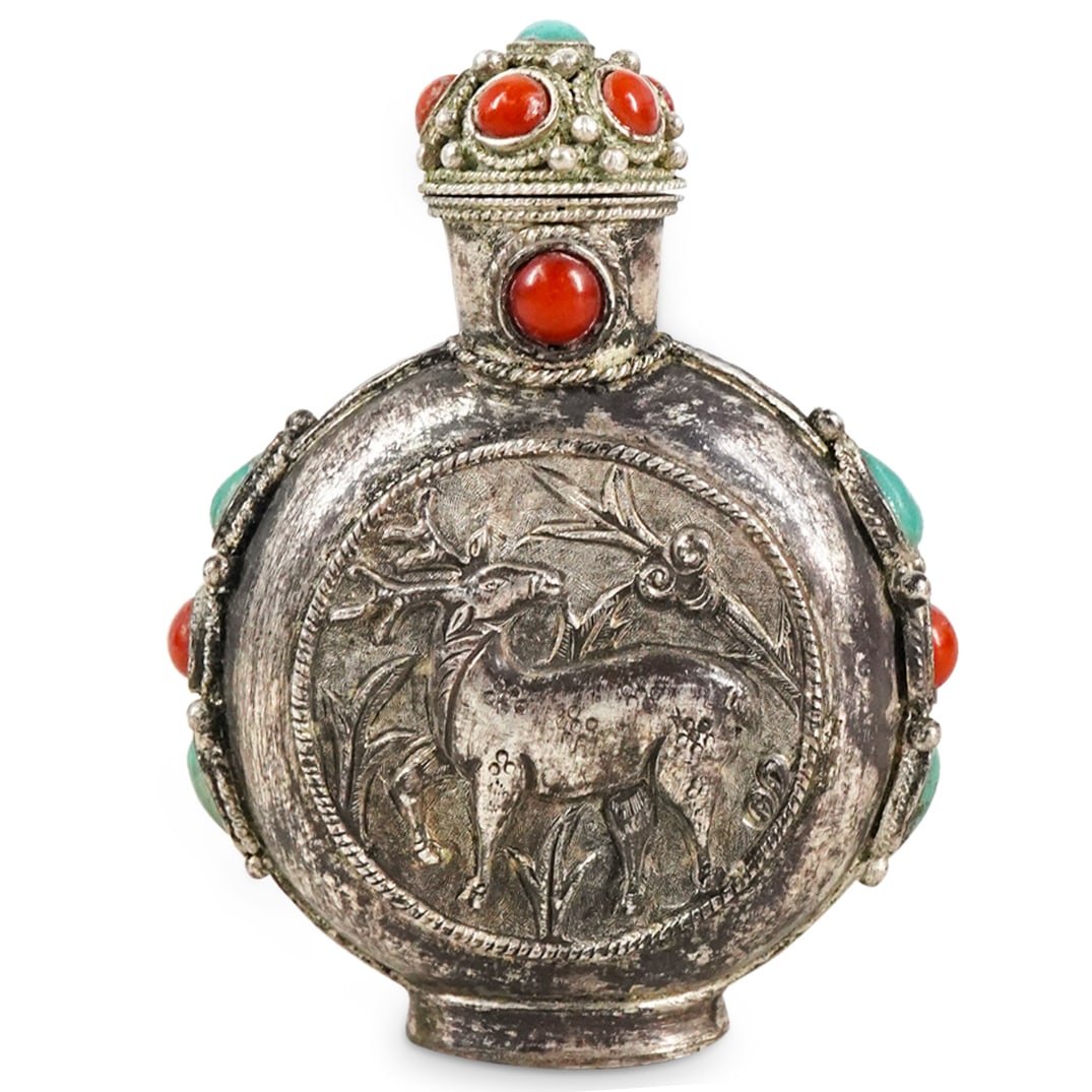 Antique Mongolian Deer Silver, Coral, & Turquoise Snuff Bottle (1 of 5)