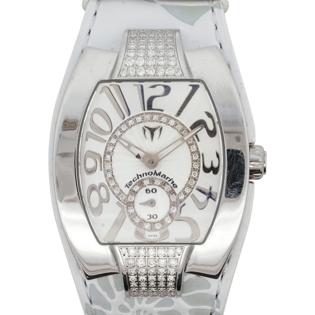 Technomarine "Butterfly" Diamond Ladies Watch: DESCRIPTION: A Technomarine "Butterfly" Diamond watch features Quartz movement, sapphire crystal, silver and diamond dial. Decorated along the case with diamond bezel, and completed with a leather ban
