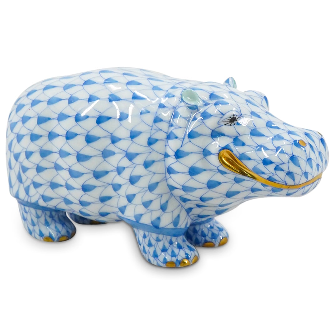 Herend Porcelain "Hippopotamus" Blue Fishnet Figurine (1 of 3)
