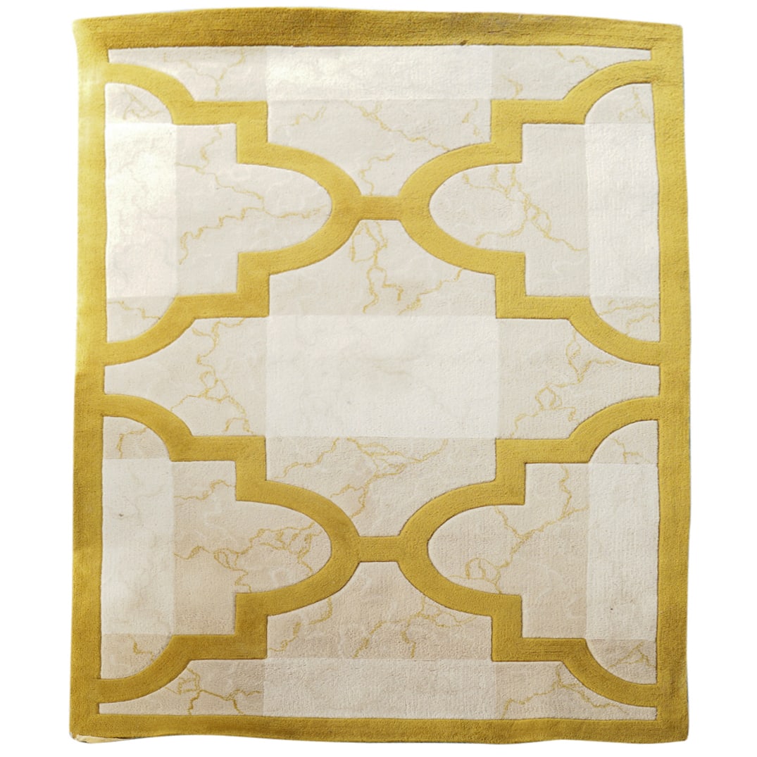 Edward Fields Designer Carpet: DESCRIPTION: Edward Fields designer carpet composed of wool with beige marbleized and mustard colored Alhambra forms. Signed at underside: "Edward Fields, Copyright Edward Fields Inc." CIRCA: 1970s OR